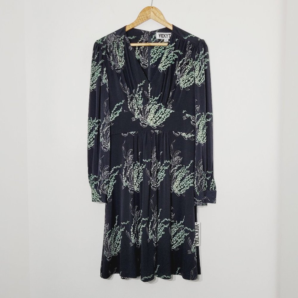 Vicky Tiel Long Sleeve A-Line Dress Black Floral V-Neck Stretch Office S NWT